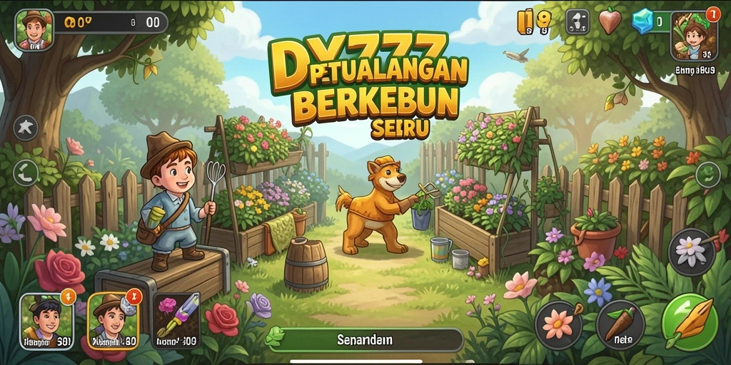 Layar permainan DY777 menampilkan kebun subur dan hewan lucu.