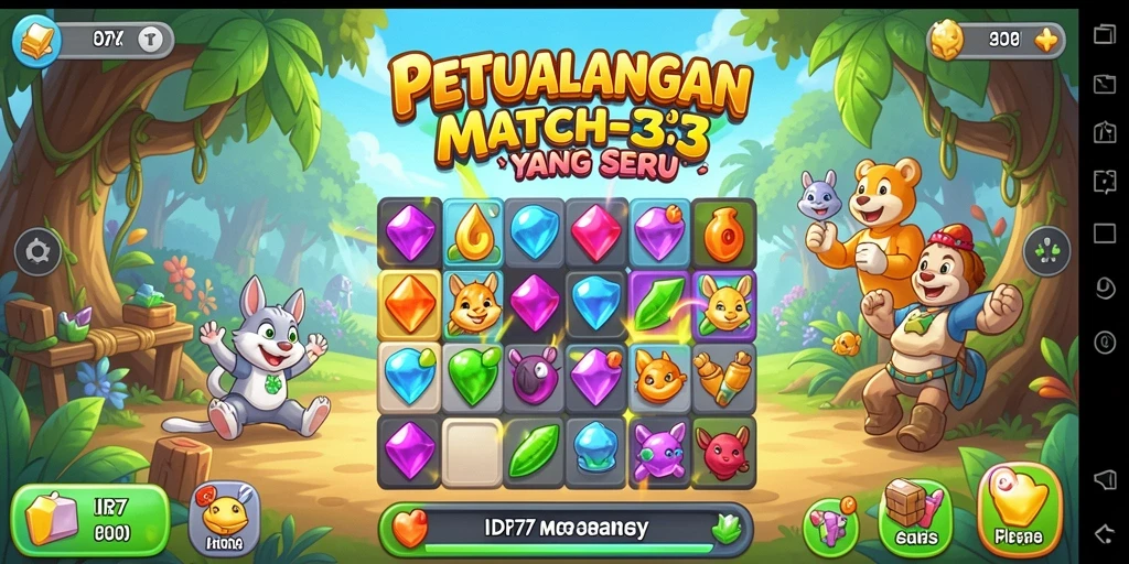 Tampilan gameplay seru IDR77 dengan grafis Match-3 yang cerah.