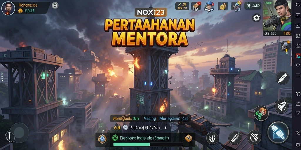 Screenshot gameplay NOX123 menunjukkan aksi Tower Defense yang intens.